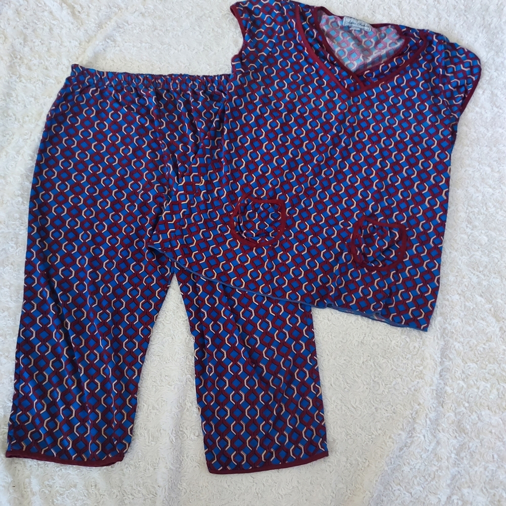 Geometric Print Capri Pajama Loungewear Set Comfy Grandmacore Relaxed Fit